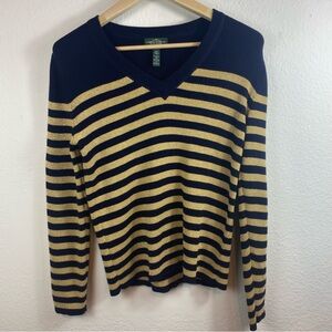 Lauren Ralph Lauren Women’s Size Large Navy‎ Gold Striped Long Sleeve Sweater